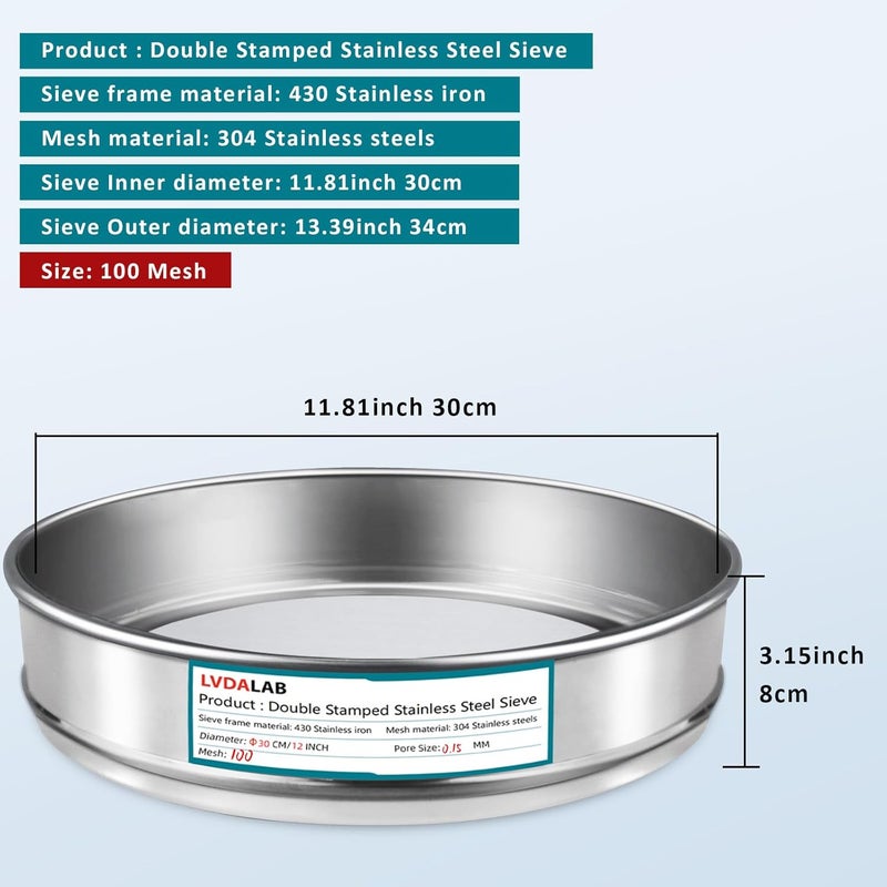 LVDALAB 304 Stainless Steel Lab Sieve Screen Mesh, 100 Mesh (0.15mm) Aperture Test Sieve, 12Inch(30cm) Diameter Economy Standard Analysis Sample Test Sieves for Industrial Laboratory Homes - Image 2